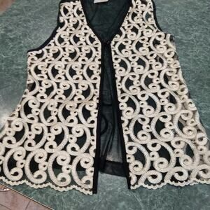 Black Sheer Ivory Embroidered Vest Womens Large Boho Festival Y2K Mesh Summer